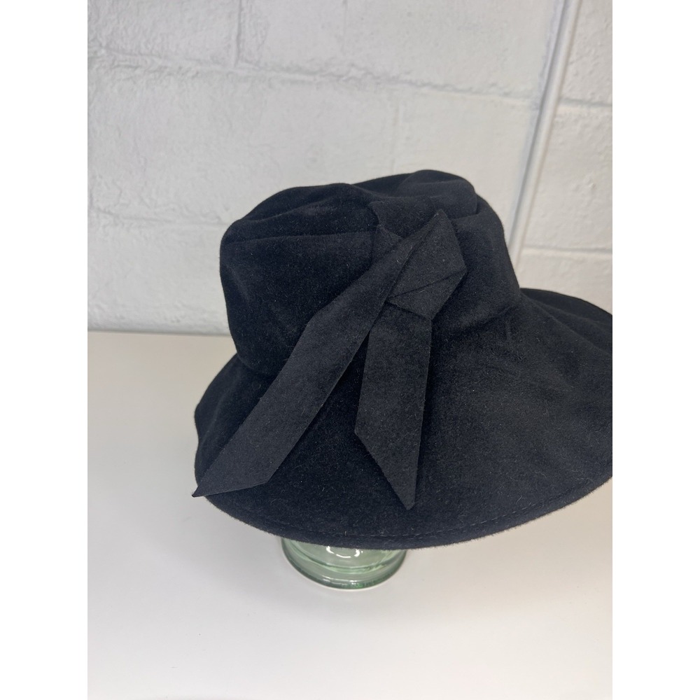Patricia Underwood Black Wool Felt Hat Ribbon Bow Knot Floppy Cloche Bucket - Picture 2 of 12
